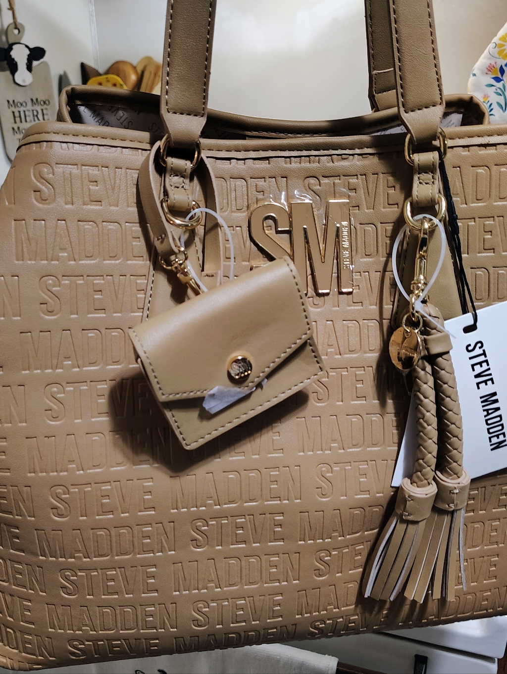 New Steve Madden Latte Tote Purse With Matching Coin Purse & Makeup Bag